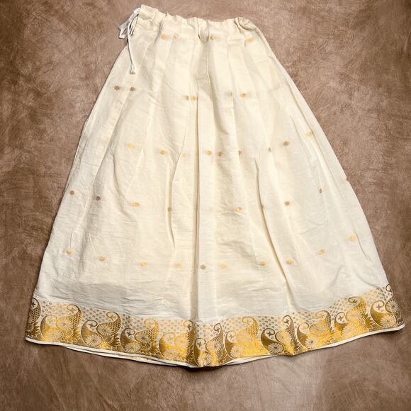 Vintage Y2K Cream Gold Geometric Paisley Print Maxi Skirt Drawstring Bohemian - Picture 2 of 8